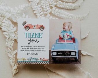 Race Car Thank You Card With Photo Printable Two Fast Birthday Thank You Car Boy Template Baby Shower Vintage Car Instant Download B412