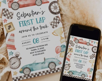 First Lap Around the Track 1st Birthday Party Invitation Printable, Editable Boy Race Car Birthday For Boy Invite Template Digital B412