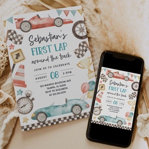 BEWERKBARE eerste ronde rond de baan uitnodigingssjabloon, digitale download, doe-het-zelf raceauto thema 1e verjaardagsfeestje sjabloon B412