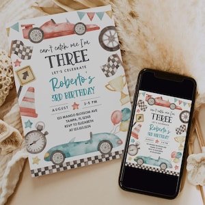 MODIFIABLE Je ne peux pas m&#39;attraper, j&#39;ai trois ans, invitation à thème voiture de course pour garçon, 3e anniversaire, invitation rapide et trois modèle bricolage imprimable numérique B412