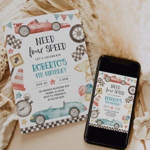 EDITABLE Need Four Speed Race Car Boy 4th Birthday Invitation Racing Two Fast Party Invite Boy Printable Template Digital Download B412