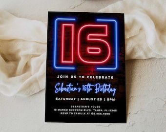 Invito modificabile per il 16° compleanno con luce al neon blu per adolescenti, invito personalizzato per feste al neon, download digitale, modello fai da te