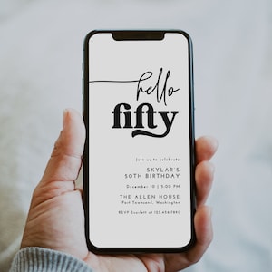 Hello 50 Minimalist Electronic Birthday Invitation, Digital Download Editable Modern Fifty Party Template, Text Message 50 Birthday Evite