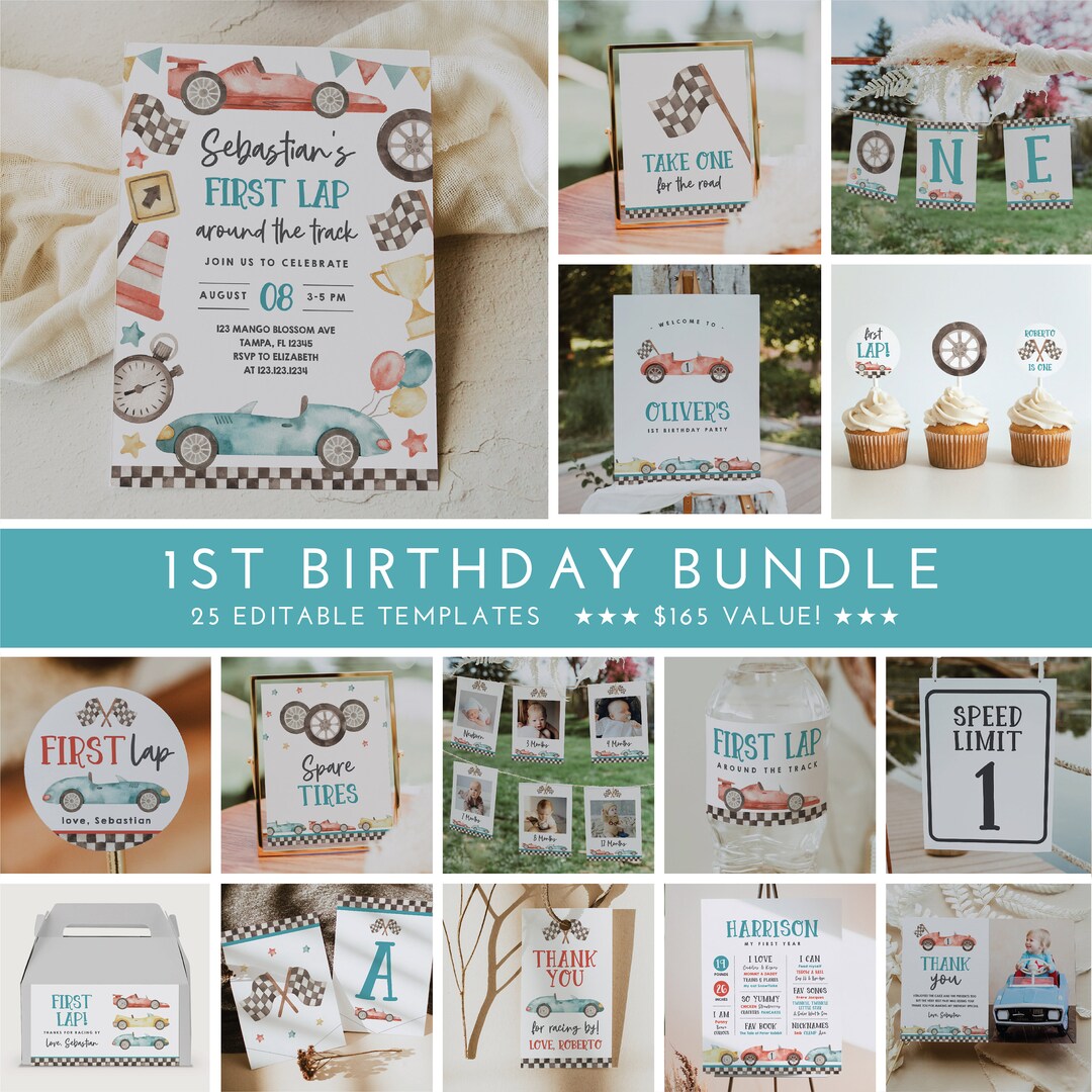 First Lap Around the Track Birthday Party Bundle Template, Editable