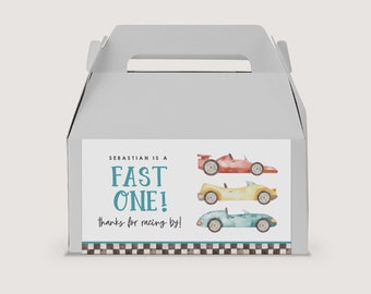 Fast One Gable Box Étiquettes imprimables, modèle modifiable de cadeau de fête d'anniversaire de 1er anniversaire de voiture de course, modèle d'étiquettes de boîte cadeau bricolage fête numérique B412