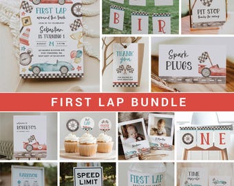First Lap Around the Track Birthday Party Bundle Template, Editable Fast One Party Decorations Race Car Package, DIY Digital Download, B412