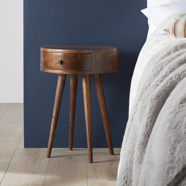 Round Bedside Table With Mid Century Modern Finish Etsy