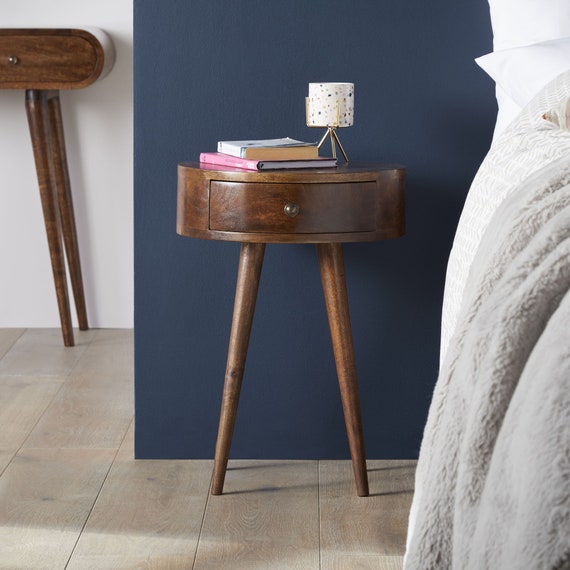 Round Bedside Table With Mid Century Modern Finish Etsy