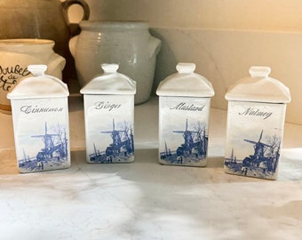 A.E. Hull Pottery Delft Blue Kitchen Spice Canisters. Blue Holland Windmill Design. Sold Separately. Vintage Kitchen Decor