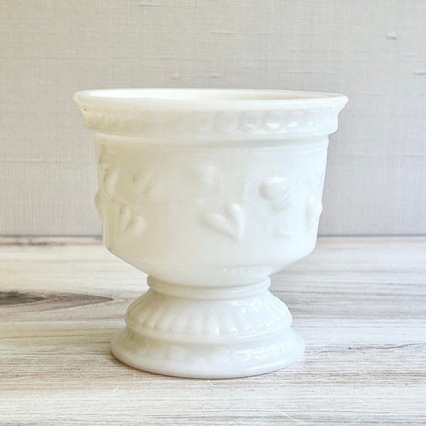 Milk Glass Small Urn. Glass Candy Dish. Footed Dish. Heart Shaped Leaves. Cottage Core. Granny Chic. Vintage Home Decor. Collectible Glass