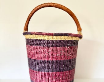 Hand Woven African Bolga Basket. Hot Pink and Purple Stripes. Single Leather Handle.