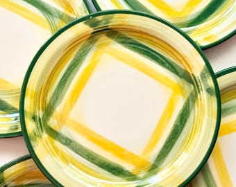 Talerz w kratkę gingham vintage Vernonware, ceramika kalifornijska, kratka zielono-żółta