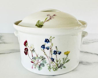 Vintage French La Faune Louis Lourioux Wild Flowers Porcelain Covered Casserole Dish with Handles. Made in France. Vintage Kitchen