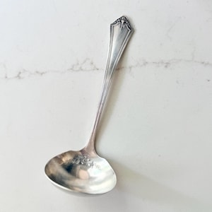 May include: A silver ladle with a decorative handle and a rounded bowl. The handle has a detailed design at the top. The ladle is set against a white marble surface, creating a contrast with the shiny metal.