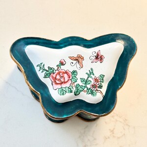 Vintage Cloisonne Butterfly Box: Teal Green Floral Trinket Jewelry Box