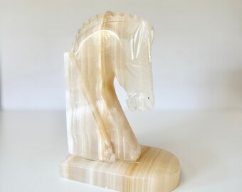 Carved Marble Onyx Horse Bookend. Trojan Horse Head. Single Bookend. Bookshelf Decor. Equestrian Gift. Book Lover Gift. Vintage Home Decor