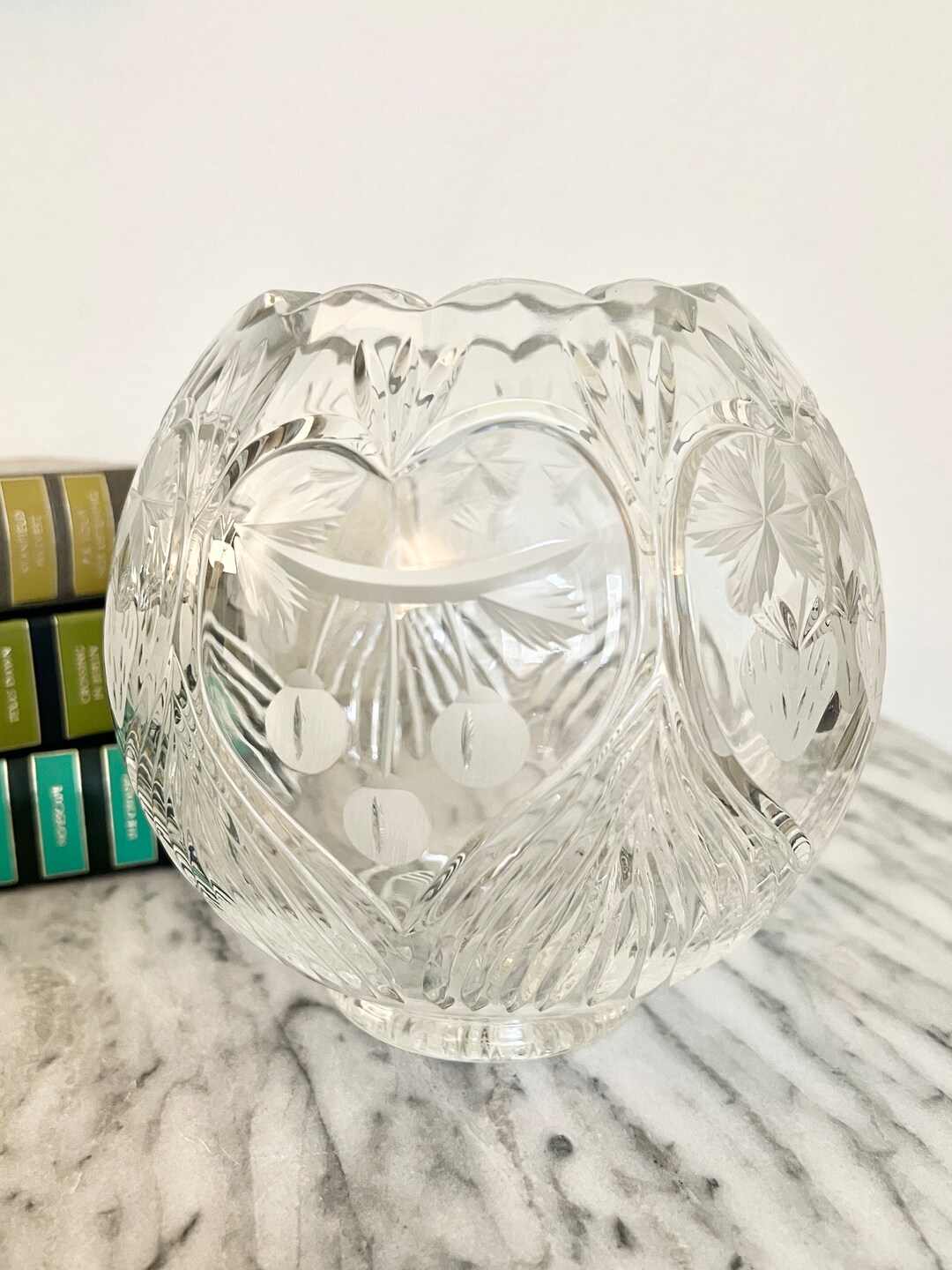 Vintage Leaded Crystal Rose Vase. Round Crystal Vase. Etched Etsy
