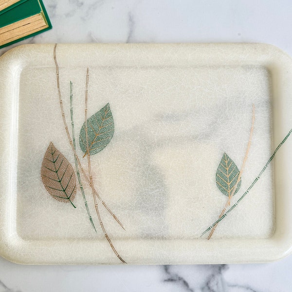 Mid Century Princess Plastic Tray. Serving Tray. Green and Gold Leaves and Bamboo. Vintage Barware