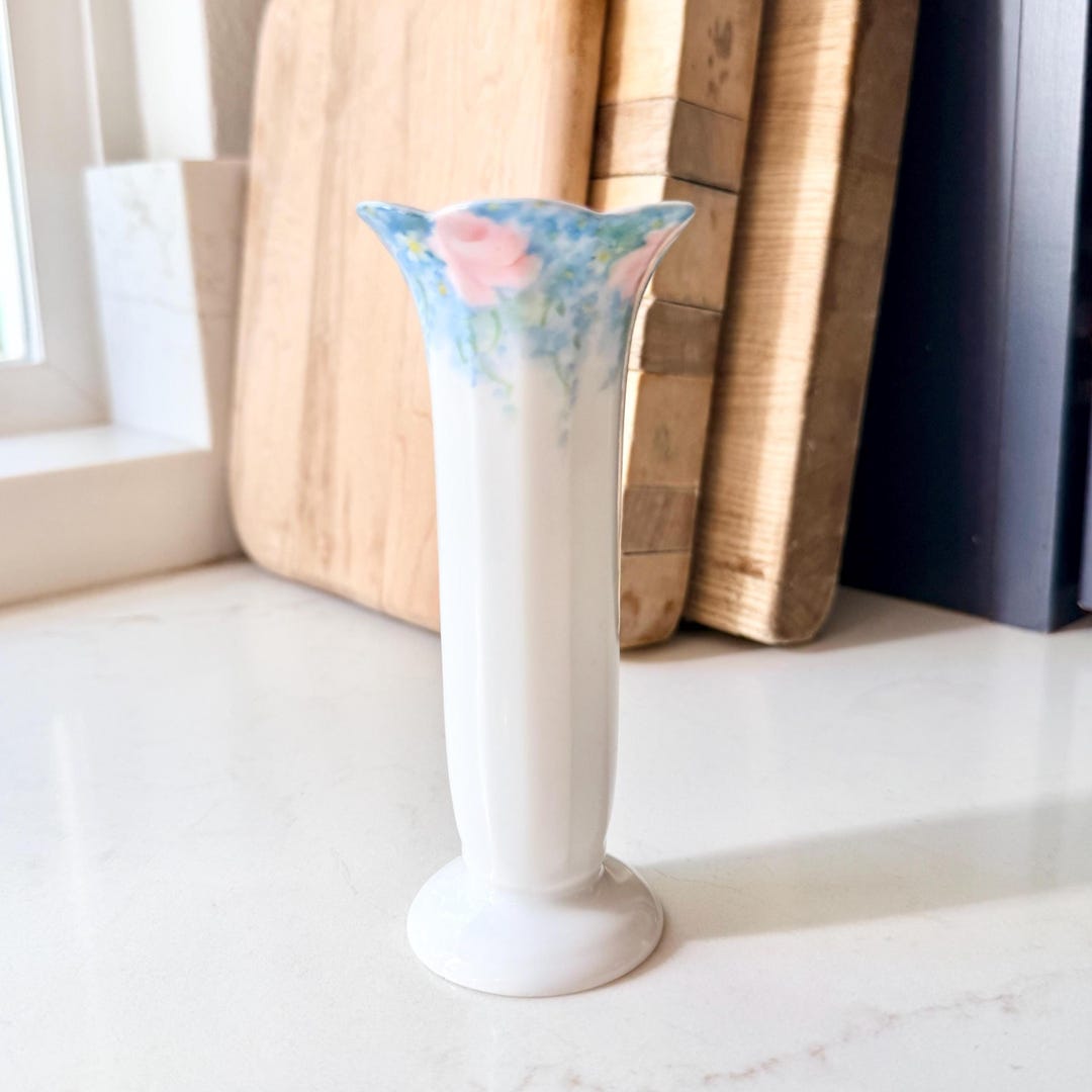 Vintage Hand Painted Porcelain Bud Vase, Floral Rim Detail, 5" Tall - Etsy