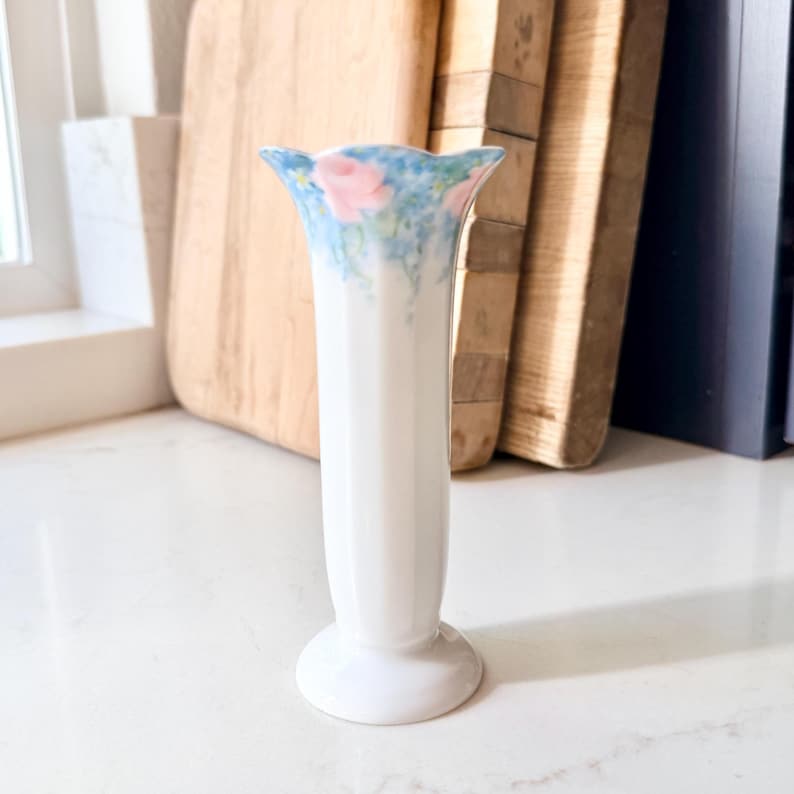 Vintage Hand Painted Porcelain Bud Vase, Floral Rim Detail, 5" Tall - Etsy