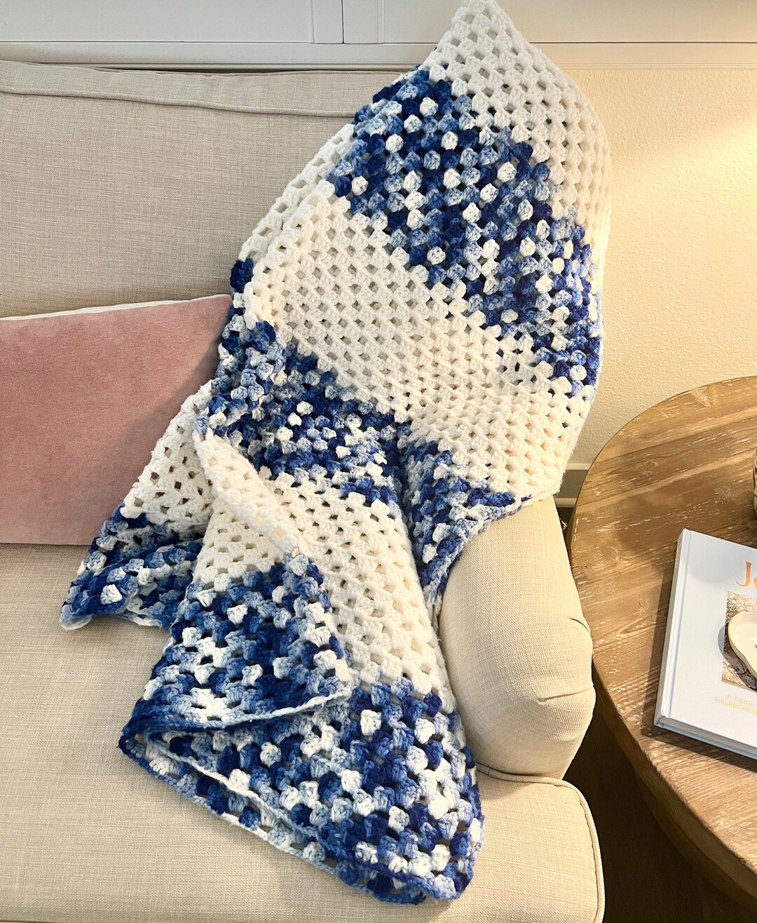 Vintage Crocheted Lap Blanket. Blue and White Stripes . 45 Square