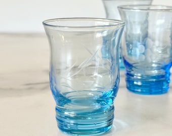 Vintage Etched Blue Glass Shot Glasses. Set of 8. Aperitif Glasses. Dessert Wine Glasses. Vintage Barware