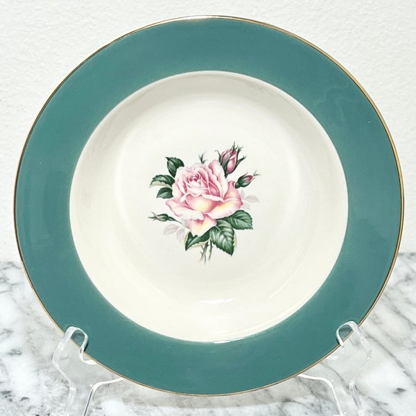 Homer Laughlin Cameo Rose Soup Bowls. Pink Rose Teal Green Gold Rim. Cottage Core. Vintage Dishware