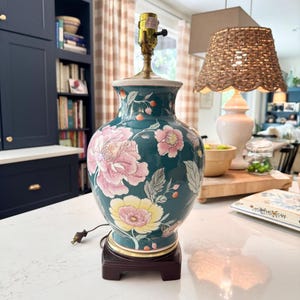 Vintage Chinoiserie Table Lamp – Teal, Pink & Yellow Floral Ceramic Base – Painted Ceramic with Wooden Foot – 19&quot; Tall to Socket