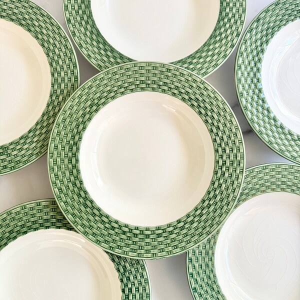 Vintage Pier One Green Basketweave Rimmed Soup Bowls. Green and White. Vintage Dishes. Made in Italy. Sold Separately