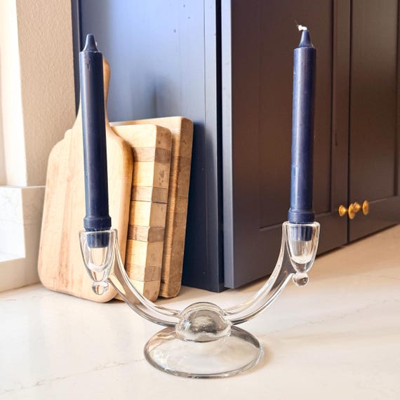 Viking Glass Double Candlestick Holder, Mid Century Modern Candelabra