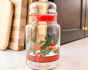 Vintage glazen Libbey-glazen pot met hulst en bessen, bubbeltop, decor voor kerstvakantie