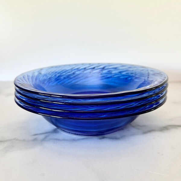 Pyrex Festiva Cobalt Blue Swirl Glass Bowls. Soup or Cereal Bowls. Set of 4. Vintage Dishes