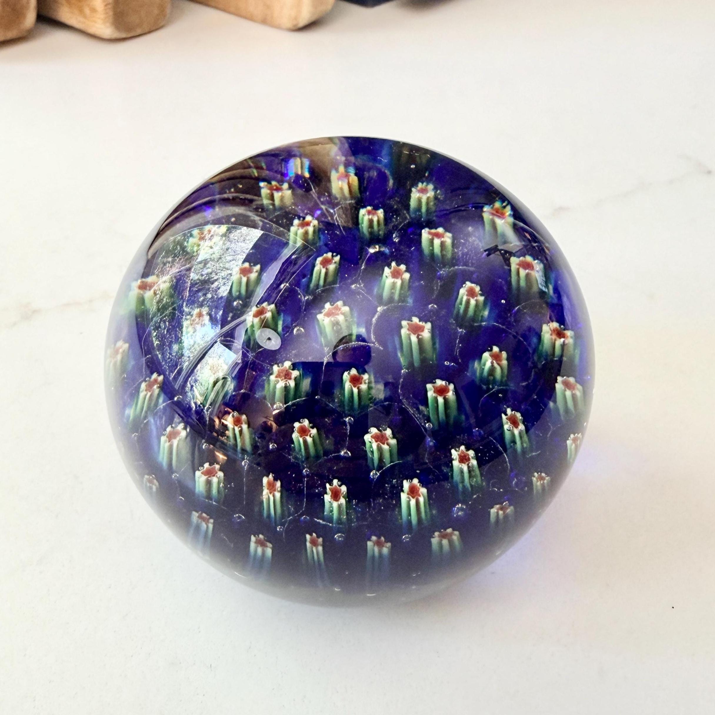Vintage Blue Millefiori Paperweight, Hand Blown Murano Style Art Glass, Floral Motif