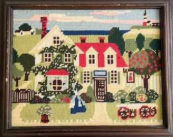 Framed Seaside Needlepoint: Vintage Beach Cottage Decor (17&quot; x 14&quot;)