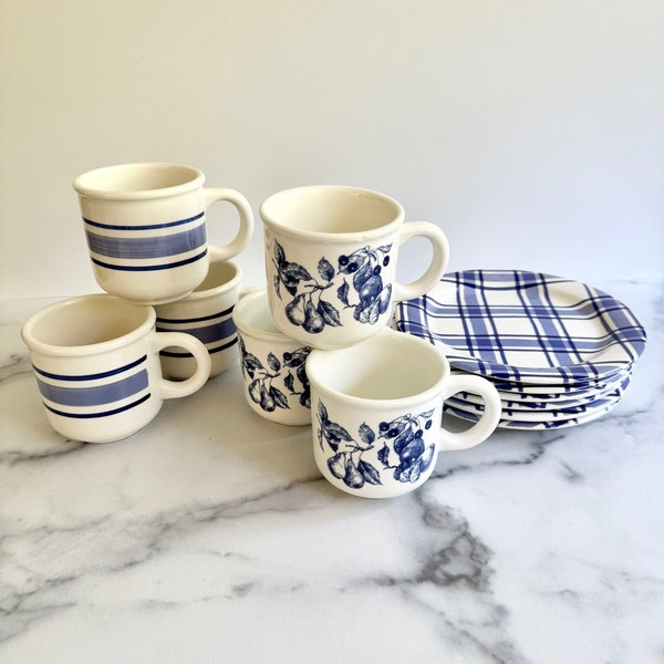 Quadrifoglia Blue and White Mugs and Salad Plates. Breakfast Set. Made in Italy. Blue Plaid, Floral, Stripe. Sold Separately