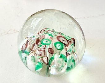 Vintage Brown & Green Millefiori Art Glass Paperweight, Murano Style Floral Orb