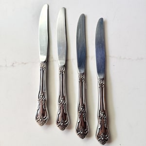 May include: Four silver butter knives with decorative, floral handles. The blades are smooth and curved, reflecting light. The handles feature a detailed, vintage design, adding elegance to the cutlery. Each knife is approximately 20 cm long.