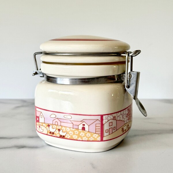 Vintage Snap Lid Jar. Pink Farm Scene. Air Tight Jar. Kitchen Storage. Ceramic Canister. Farmhouse Chic