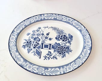 Vintage Wood and Sons Wincanton Blue and White 12" Oval Serving Platter - Elegant Tableware