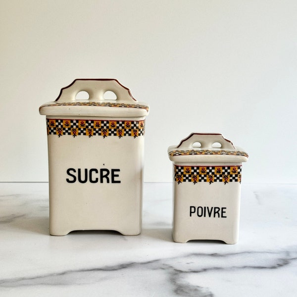 French Ceramic Spice Storage Jars. Sugar, Pepper. Sold Separately. Kitchen Canisters. Black and White Check. Vintage Home Decor