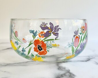 Heinrich Primavera Floral Glass Salad Bowl. Vintage Glass. Made in Germany. Vintage Home Decor