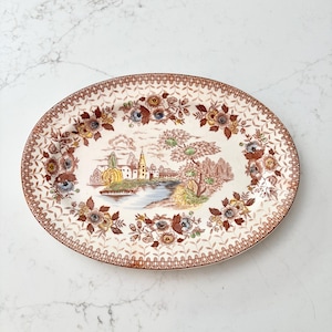 Vintage Brown Transferware Oval Serving Platter – 12.25&quot; Oval Dish – English Country Cottagecore Tableware