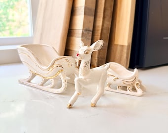 Vintage handgeschilderde kerstfiguurtjes - sleeën en Rudolph the Red-Nosed Reindeer - apart verkrijgbaar