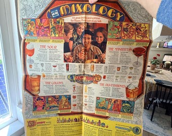 Vintage 1971 "Mixology" Newspaper Insert, Drink Recipes, Astrology Chart, Large Bar Poster