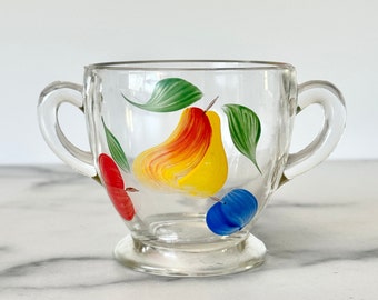 Bartlett Collins Fruit Design Sugar Bowl. Hand Painted Design. Glass Sugar Bowl. Vintage Kitchen