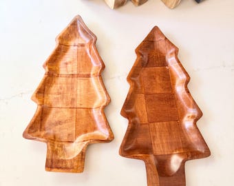 Vintage geperst houten kerstboom dienblad - patchworkpatroon, 11,5" lang