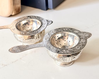 Vintage Silver Plated Tea Strainer with Ornate Floral Rim
