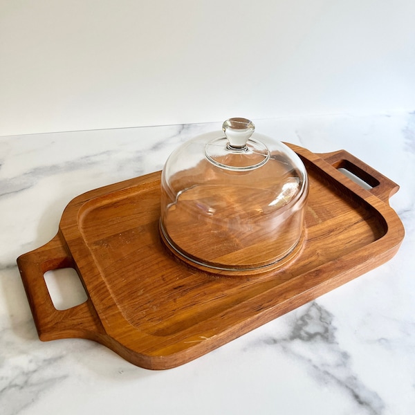 Julie Pomerantz Genuine Teak Cheese and Cracker Set. 18" Teak Tray with Handles and Cheese Dome. Mid Century Modern Decor. Charcuterie Board