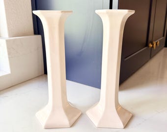 Vintage Vandor Imports Japan White Ceramic Candlestick Holders, Pair, 9" Tall