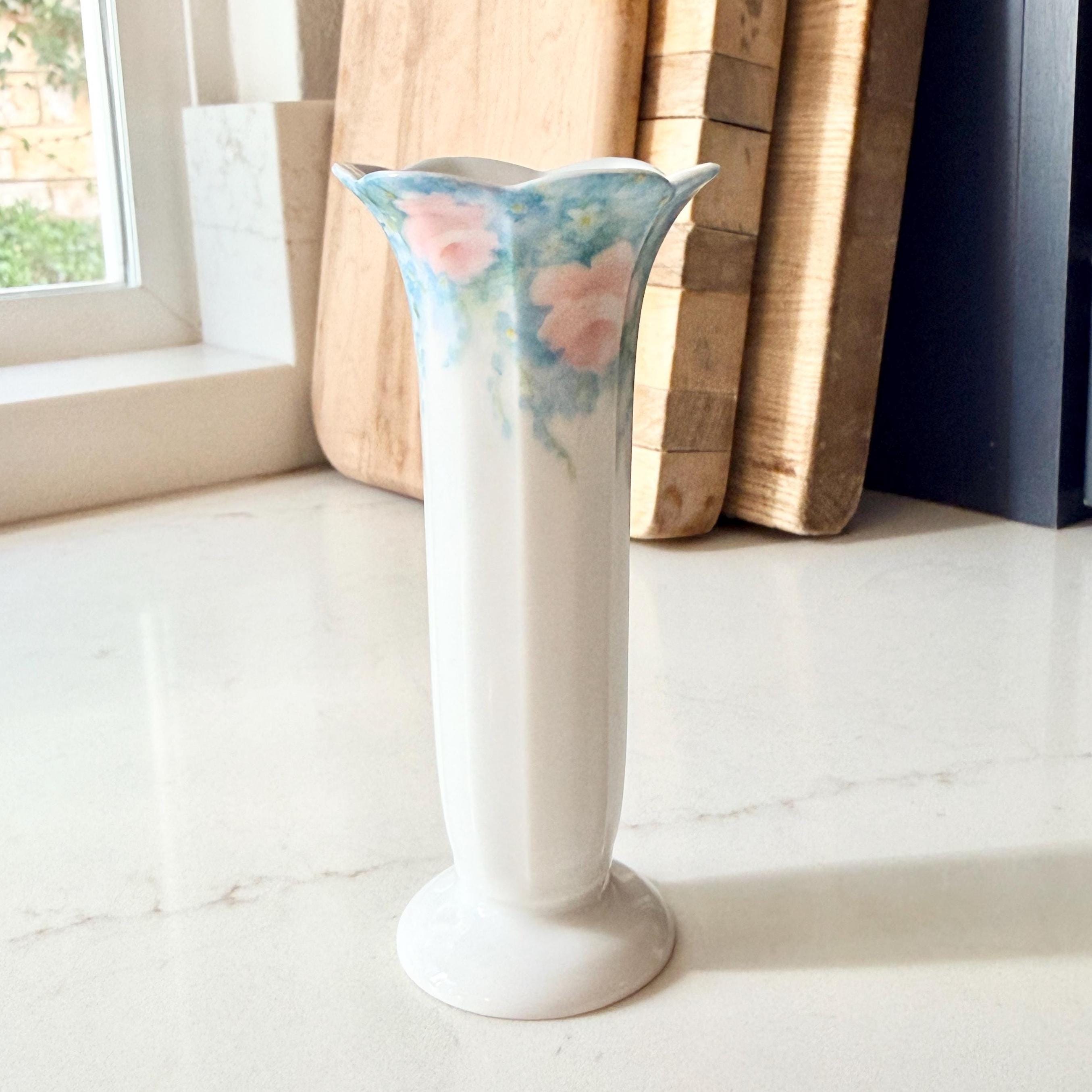 Vintage Hand Painted Porcelain Bud Vase, Floral Rim Detail, 5" Tall - Etsy